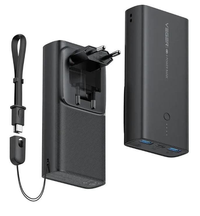 Acumulator extern Veger ACE100, Fast charge QC3.0 si PD 20W, 10000 mAh, Negru