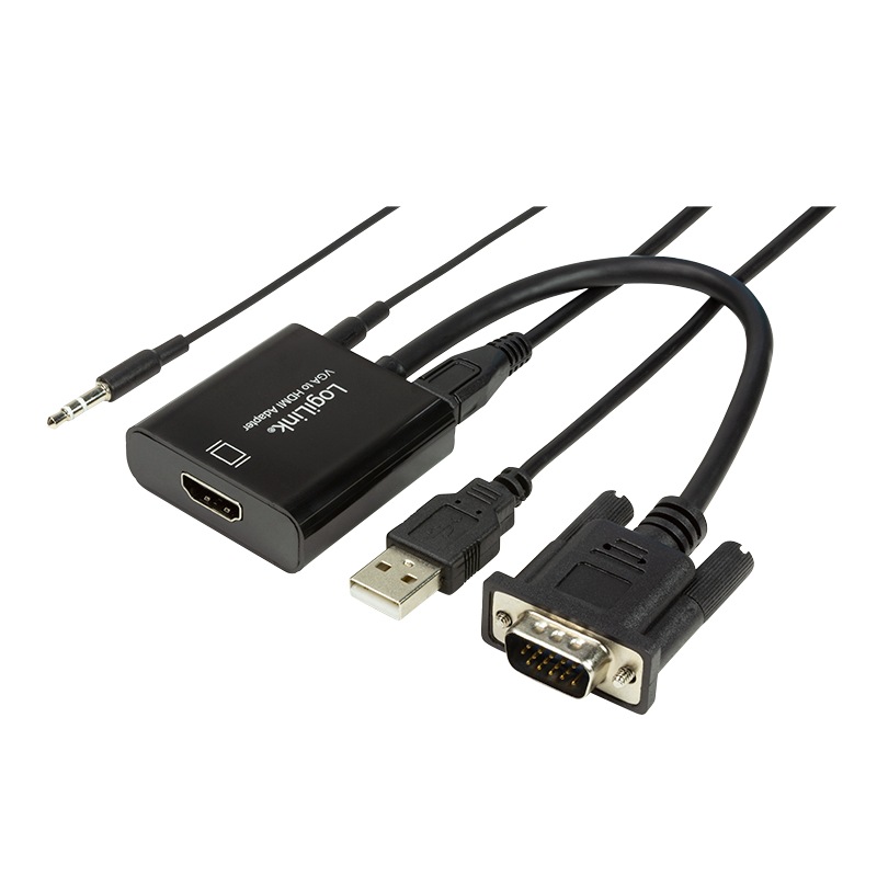 Cablu LOGILINK CV0060, VGA/Jack 3.5mm – HDMI, 15cm, Full HD/60Hz, alimentare USB Negru