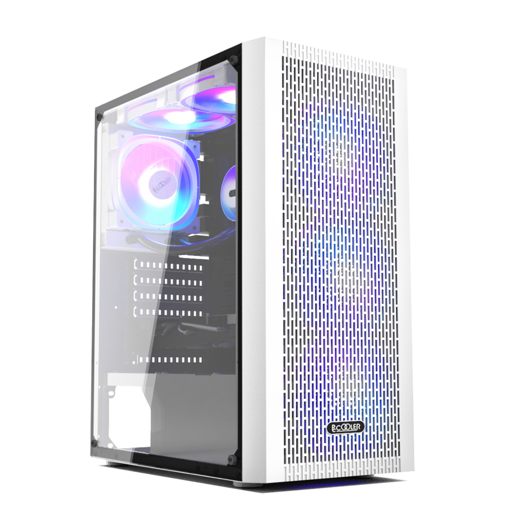 Carcasa PCCOOLER, Middle Tower, ATX, fara sursa, sticla securizata, 3 ventilatoare incluse, iluminare ARGB, alb, USB 3.2 gen 1 x 1, USB 2.0 x 2, mic, audio