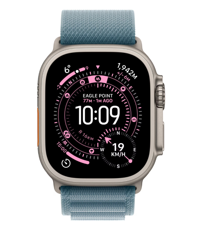 Apple Watch Ultra 3, GPS + Cellular, Carcasa Natural Titanium 49mm, Light Blue Alpine Loop – Large