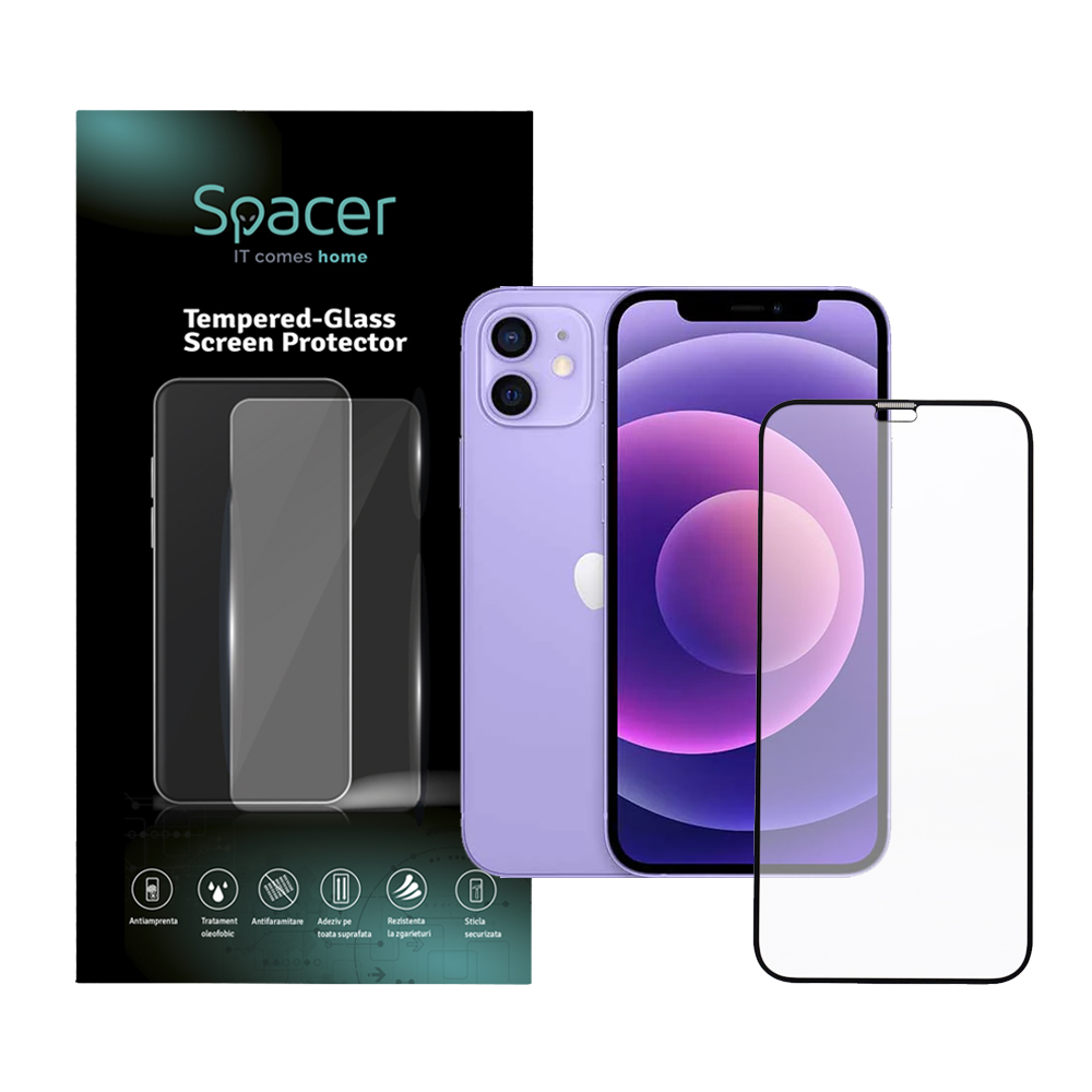 Folie de protectie Spacer pentru iPhone 12 Mini, sticla 9D, duritate 9H, Tempered Glass