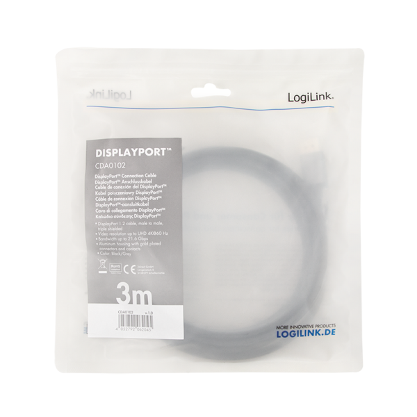 CABLU video LOGILINK, DisplayPort (T) la DisplayPort (T) 1.2, 3m, conectori auriti, rezolutie maxima 4K (3840 x 2160) la 60 Hz, aluminiu, triplu ecranaj, negru-gri, "CDA0102" (timbru verde 0.18 lei) 5 CABLU video LOGILINK, DisplayPort (T) la DisplayPort (T) 1.2, 3m, conectori auriti, rezolutie maxima 4K (3840 x 2160) la 60 Hz, aluminiu, triplu ecranaj, negru-gri, "CDA0102" (timbru verde 0.18 lei) - imagine 5
