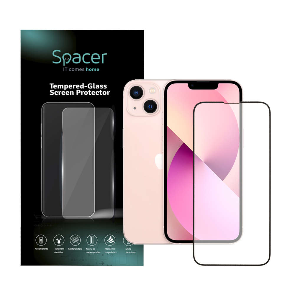 Folie de protectie Spacer pentru iPhone 13 si 13 Pro, sticla 9D, duritate 9H, Tempered Glass
