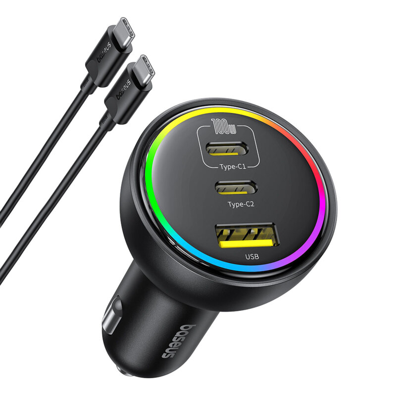 Incarcator Auto cu Lumini RGB, 2x Type-C, USB, 152.5W, Fast Charging – Baseus (C00036101111-00) – Cluster Black
