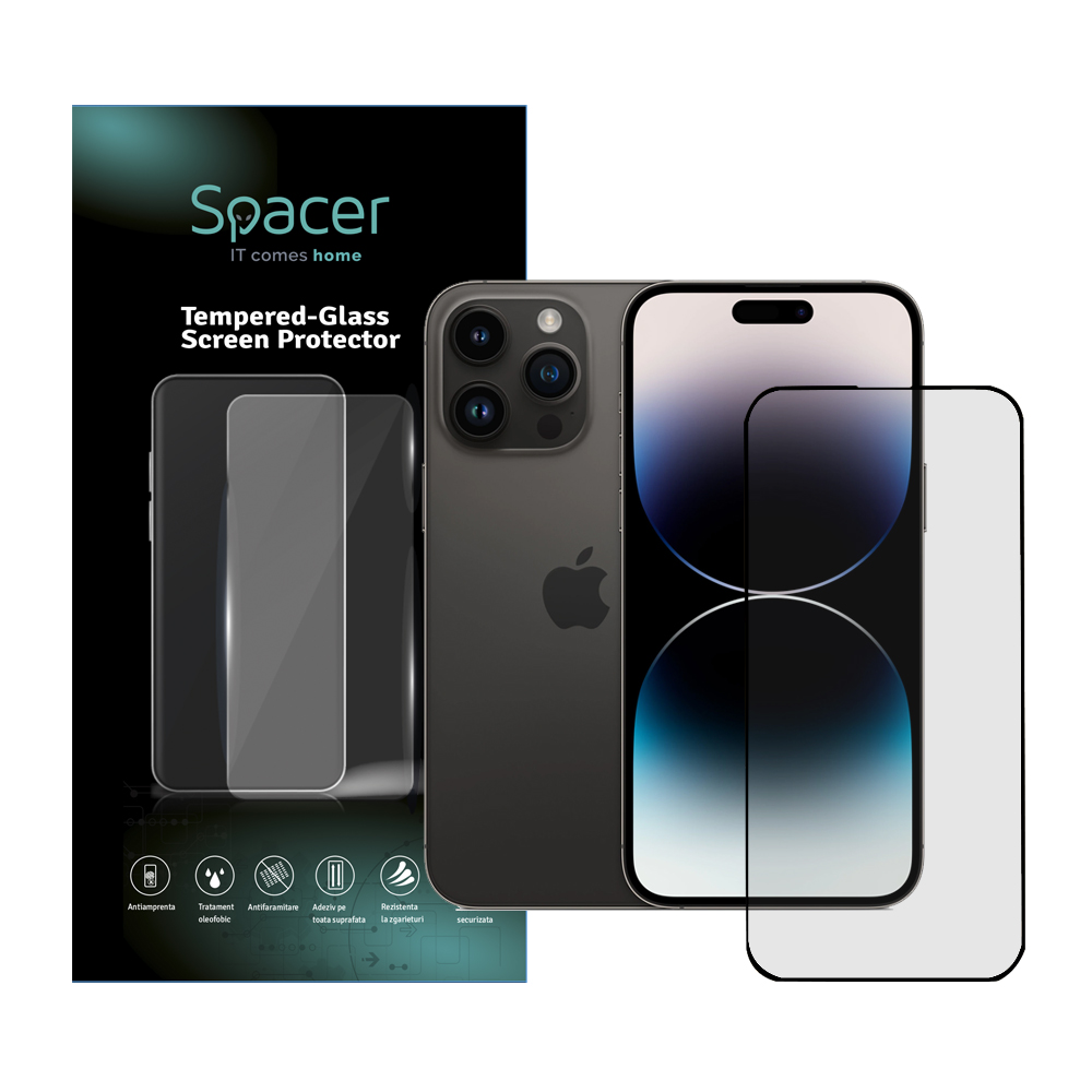Folie de protectie Spacer pentru iPhone 14 Pro Max, sticla 9D, duritate 9H, Tempered Glass
