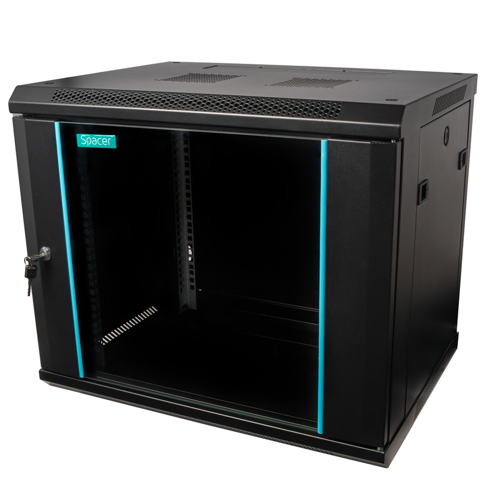Cabinet 19″ SPACER 9U 600x450mm, fixare pe perete, Flatpack (dezasamblat), negru, usa sticla cu blocare, panouri detasabile, otel 1.5mm, sarcina maxima 60Kg