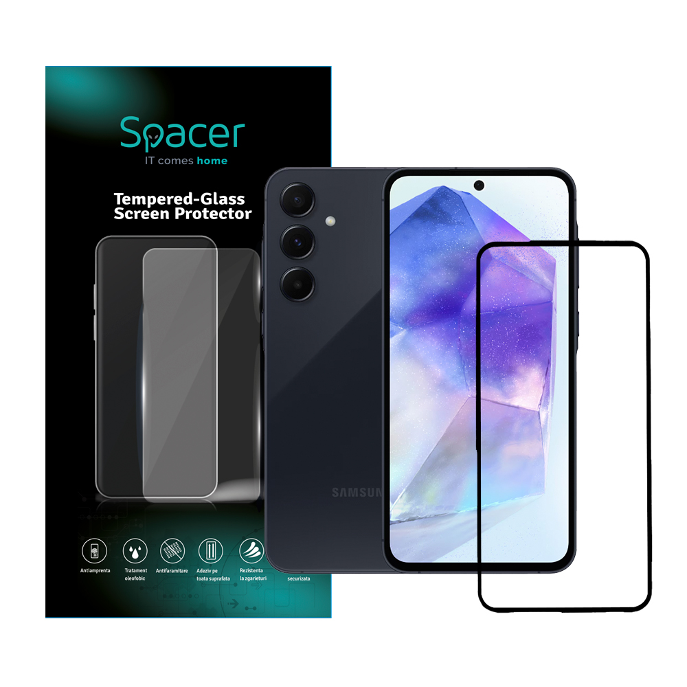 Folie de protectie Spacer pentru Samsung Galaxy A55, grosime 0.3mm, Tempered Glass, sticla 9D, duritate 9H