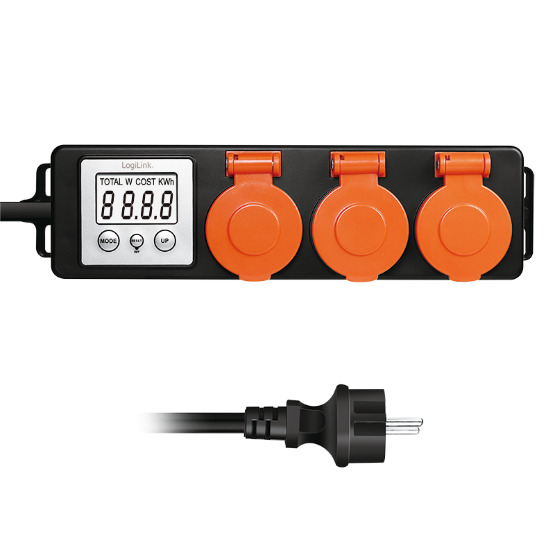 Prelungitor de exterior Logilink EM0008,230 V, 3 x schuko, 16 A, 3600 W max., IP44, contor cost energie, ecran LCD 2.2″