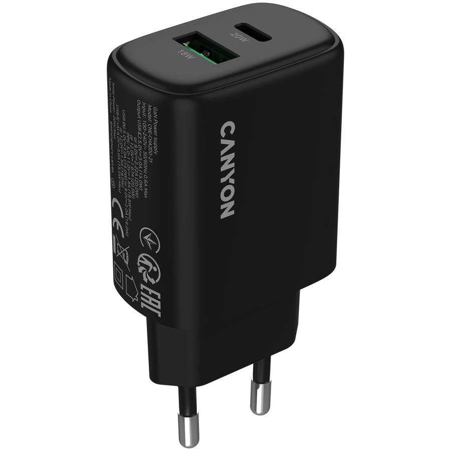 Incarcator retea Canyon OnCharge 200, 1 x USB-A, 1 x USB-C, 12 V, 3 A, 20 W Negru