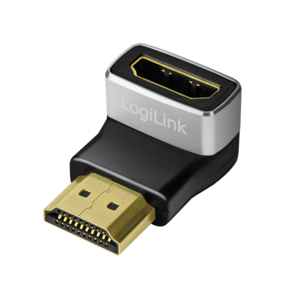 Adaptor video LOGILINK, HDMI (T) la HDMI (M), conectori auriti, rezolutie maxima 8K (7680 x 4320) la 60 Hz, 90 grade, negru-gri 2 Adaptor video LOGILINK, HDMI (T) la HDMI (M), conectori auriti, rezolutie maxima 8K (7680 x 4320) la 60 Hz, 90 grade, negru-gri - imagine 2