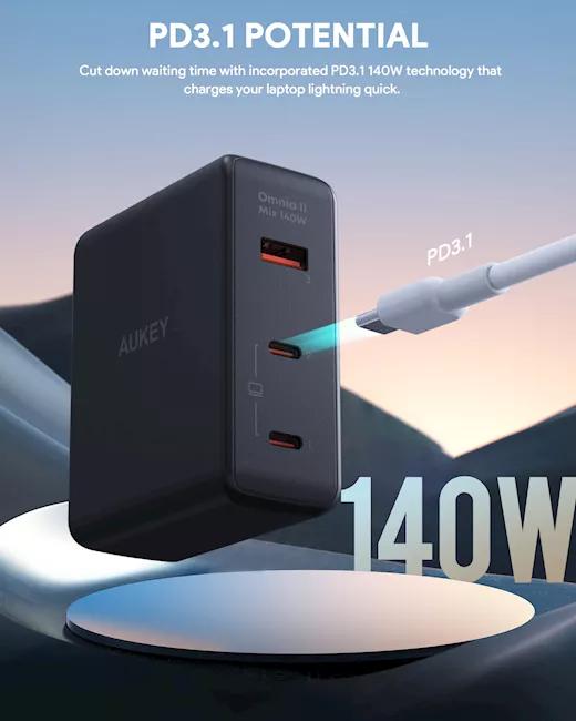 Alimentator retea Aukey, PA-B7O BK, 140W, fast charge, 2 x USB-C, 1 x USB-A, negru 3 Alimentator retea Aukey, PA-B7O BK, 140W, fast charge, 2 x USB-C, 1 x USB-A, negru - imagine 3