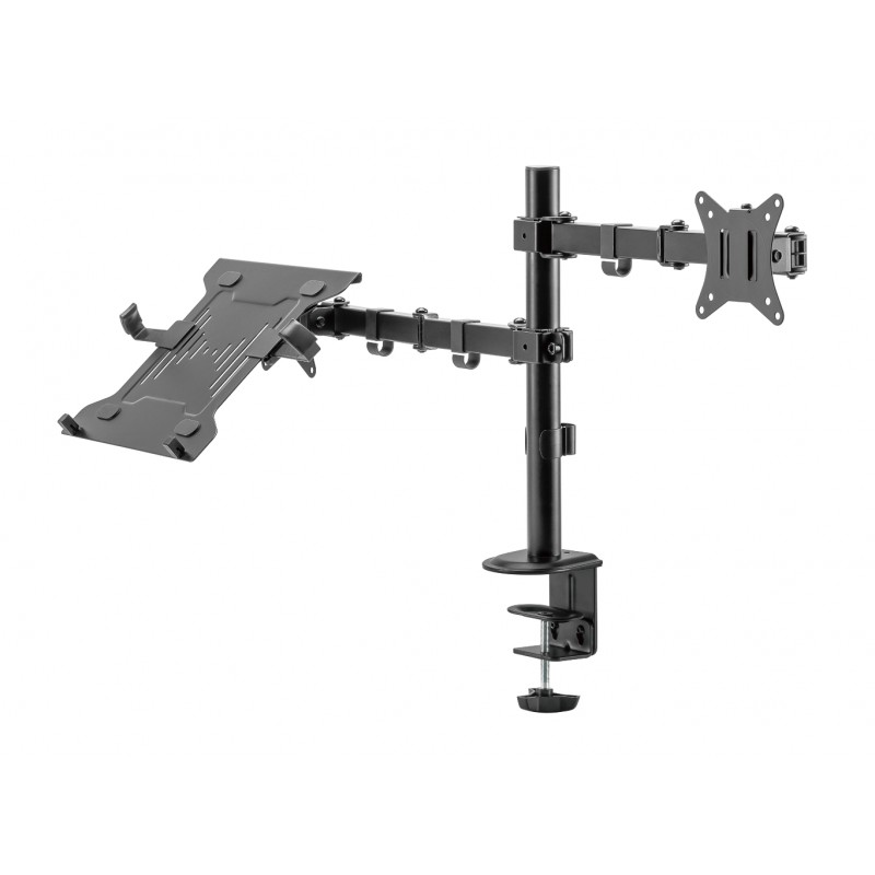 Suport de birou monitor si laptop, Nexio, 17-32 inch(43cm-81cm), dubla articulatie, reglabil, sustine 9KG/suport, Negru