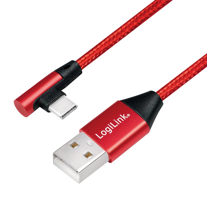 Cablu de date Logilink, CU0145, USB 2.0 (T) la USB 2.0 Type-C (T) la 90 grade, 0.3m, Premium, Rosu