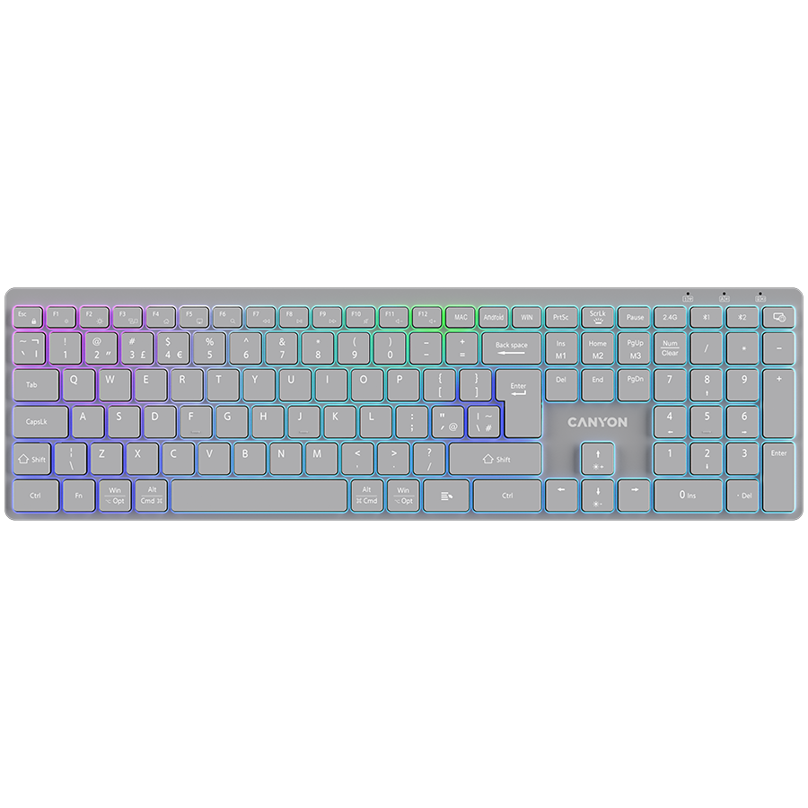 Tastatura wireless CANYON CNS-HBTK11G, Layout UK/US, RGB, Dual Mode Gri
