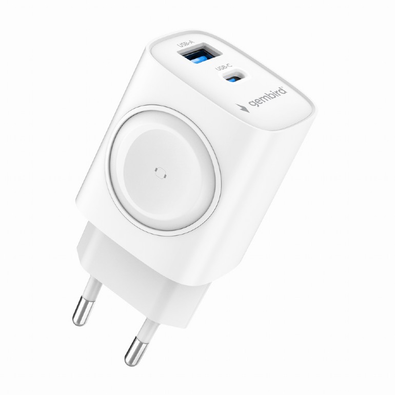 Alimentator retea 220V GEMBIRD, universal, 1 x USB Type-C D 22W, 1 x USB-A 3.0 QC 18W, Wireless charger, suport Apple Eatch, alb