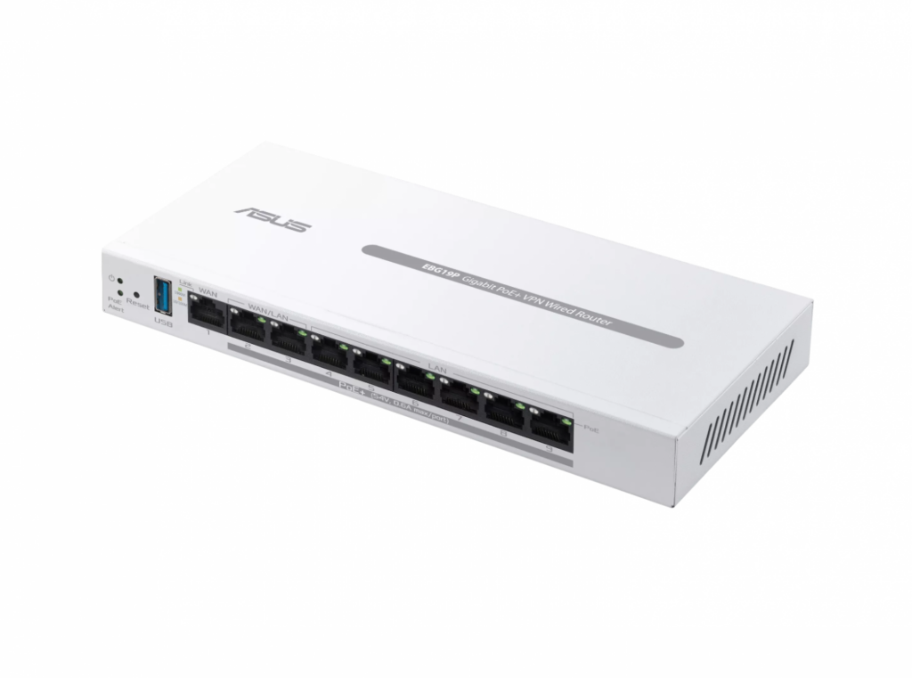 Router PoE+ Business ASUS ExpertWiFi EBG19P, 8 porturi PoE+, 123W, 1 gigabit WAN+2 gigabit WAN/LAN, USB 3.2, control centralizat PoE, SDN, guest portal customizat, Multi-WAN, Load Balance, Commercial-Grade Network Security & VPN, AiMesh, montare perete