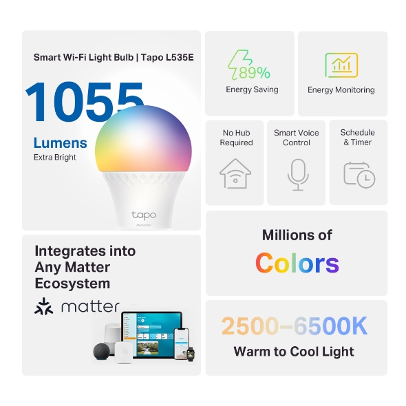 Bec LED RGB inteligent TP-Link Tapo L535E, Wi-Fi, E27, 8.6W (75W), 1055 lm, lumina colorata, control vocal, compatibil Amazon Alexa si Google Assistant, clasa energetica E 2 Bec LED RGB inteligent TP-Link Tapo L535E, Wi-Fi, E27, 8.6W (75W), 1055 lm, lumina colorata, control vocal, compatibil Amazon Alexa si Google Assistant, clasa energetica E - imagine 2