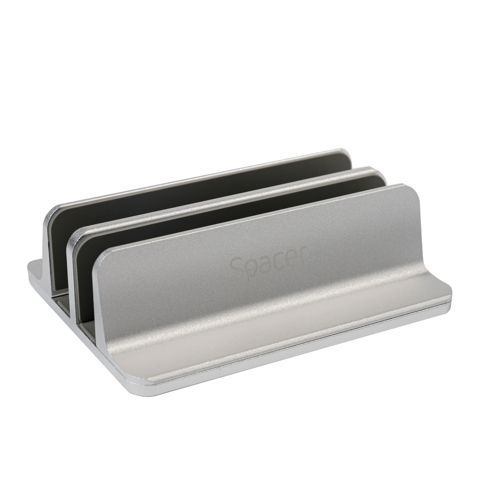 Stand vertical pentru notebook, Spacer, notebook 14/17″, dublu, protectie impotriva zgarieturilor, latime ajustabila, aluminiu sablat, argintiu