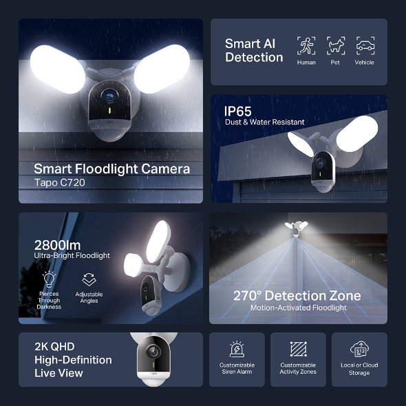 Camera de supraveghere pentru exterior smart TP-Link Tapo C720, 4MP, 2K QHD, Detectie smart, cu proiectoare/floodlight, 2800 lumenii, Functie Two-Way Audio, IP65 4 Camera de supraveghere pentru exterior smart TP-Link Tapo C720, 4MP, 2K QHD, Detectie smart, cu proiectoare/floodlight, 2800 lumenii, Functie Two-Way Audio, IP65 - imagine 4