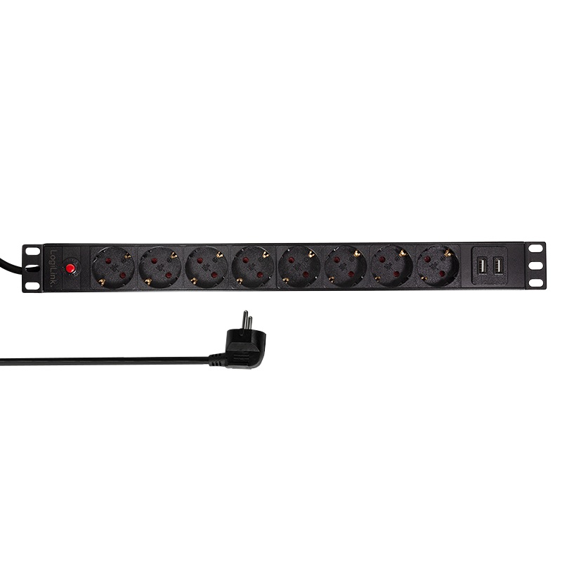 Prelungitor PDU LOGILINK 1U pentru rack 19 inch, 8 prize Schuko, intrare Schuko, max 16 A, on/off, protectie la supratensiune, 2 x USB 2.1A, 2 m