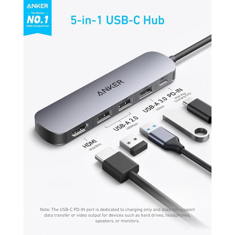 Hub Anker USB-C 5-in-1, HDMI 4K@30Hz, PD 90W, Gri 2 Hub Anker USB-C 5-in-1, HDMI 4K@30Hz, PD 90W, Gri - imagine 2