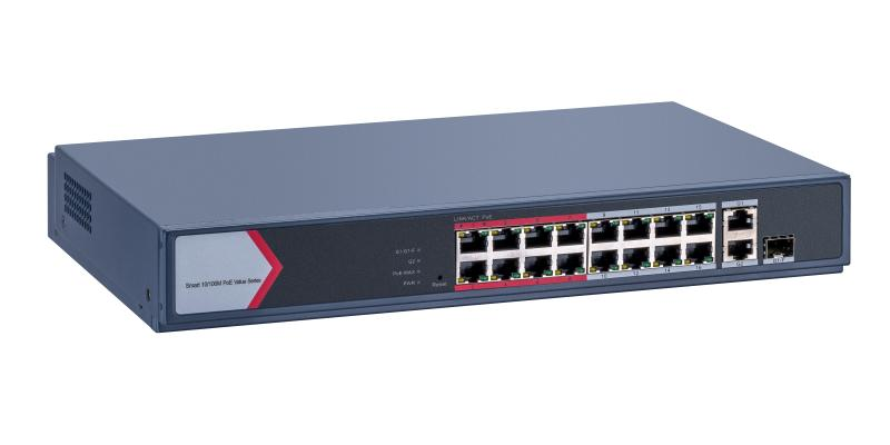Switch PoE Hikvision DS-3E1318P-EI/M: 16 × 10/100 Mbps PoE port, 1 × Gigabit combo, 1 × Gigabit RJ4