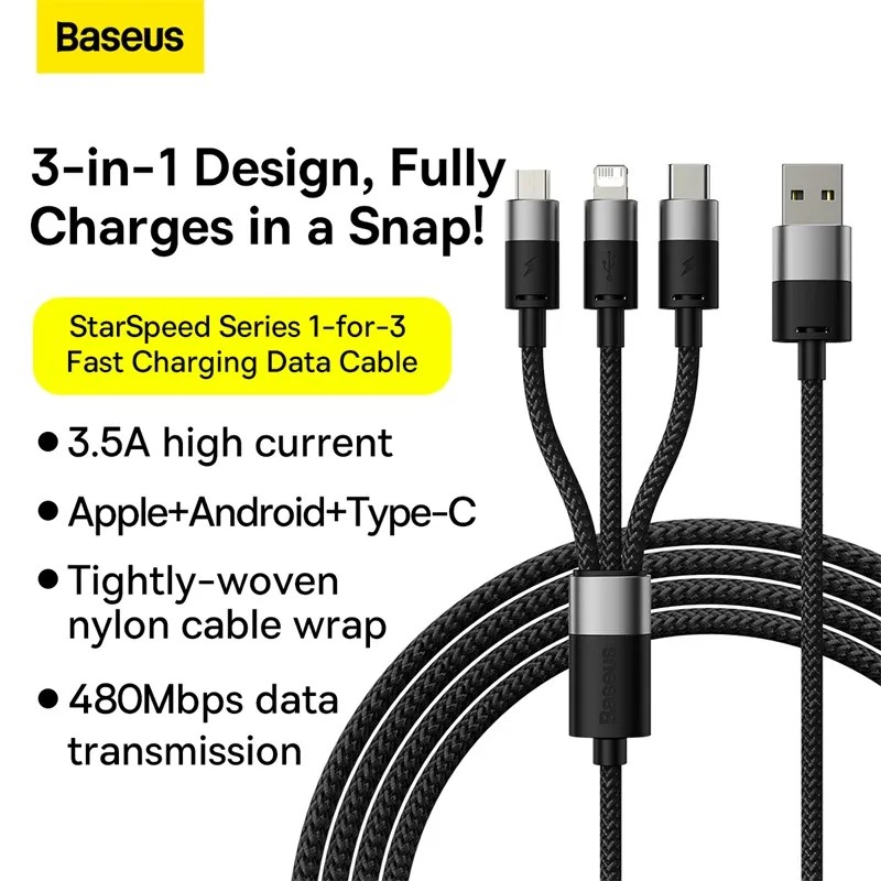 Cablu de date Baseus StarSpeed 3-in-1, Fast Charging, USB-C, Lightning, Micro USB, 3.5A, 1.2 metri, Negru