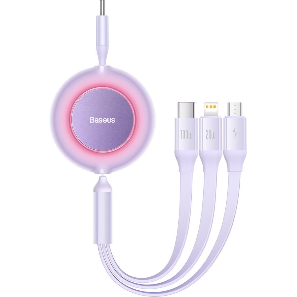 Cablu de incarcare, Baseus, Bright Mirror 4, cablu 3 in 1, Micro USB tip Lightning USB-C, 100 W, 3.5 A, 1,1 m, Violet/Alb