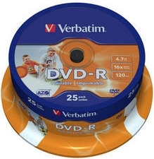 DVD-R VERBATIM  4.7GB, 120min, viteza 16x, 25 buc, Single Layer, spindle, printabil, „Wide Inkjet Printable” „43538”