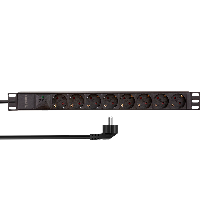 Prelungitor PDU LOGILINK 1U pentru rack 19 inch, 8 prize Schuko, intrare Schuko, max 16 A, prot. suprasarcina, IP20, 2 m, negru