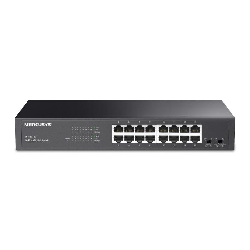 Switch fără management Mercusys MS116GS, 16 porturi 10/100/1000 Mbps, 32 Gbps capacitate comutare, 294x140x44mm