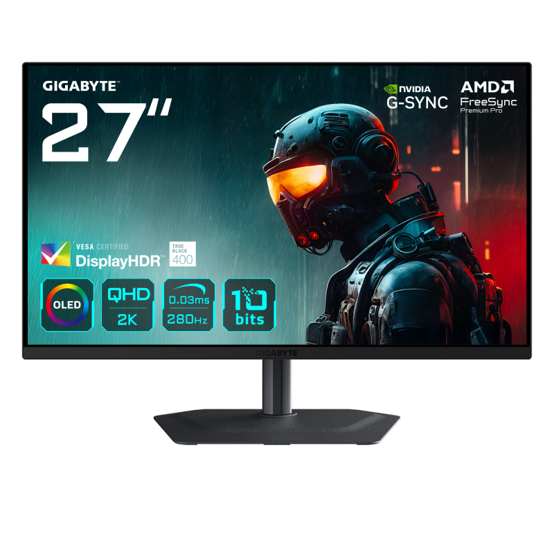 Monitor Gaming QD-OLED GIGABYTE 27″ MO27Q2A, QHD 2560 x 1440, HDMI, DisplayPort, Boxe, Pivot, 280 Hz, 0.03 ms Negru