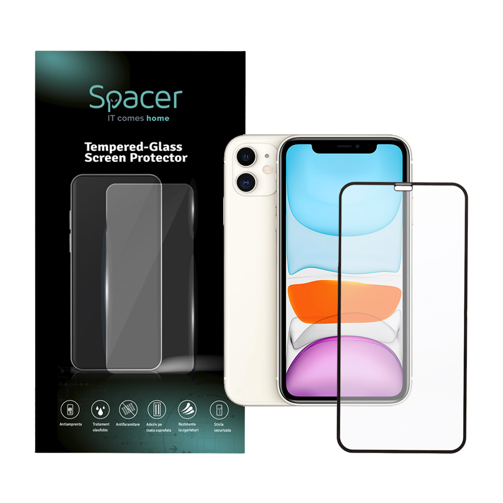 Folie de protectie Spacer pentru iPhone 11 si iPhone XR, sticla 9D, duritate 9H, Tempered Glass