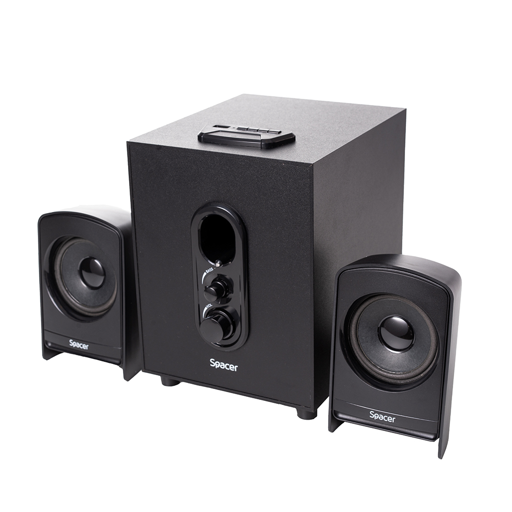 Boxe Spacer 2.1, RMS: 20W (2 x 5W + 10W), subwoofer lemn MDF, USB/FM/RCA, Negru
