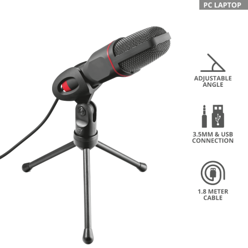 Microfon cu tripod Trust GXT212 Mico, conectare USB&3.5mm, cablu 1.8m, compatibil PC, PS4/PS5/Xbox, Negru
