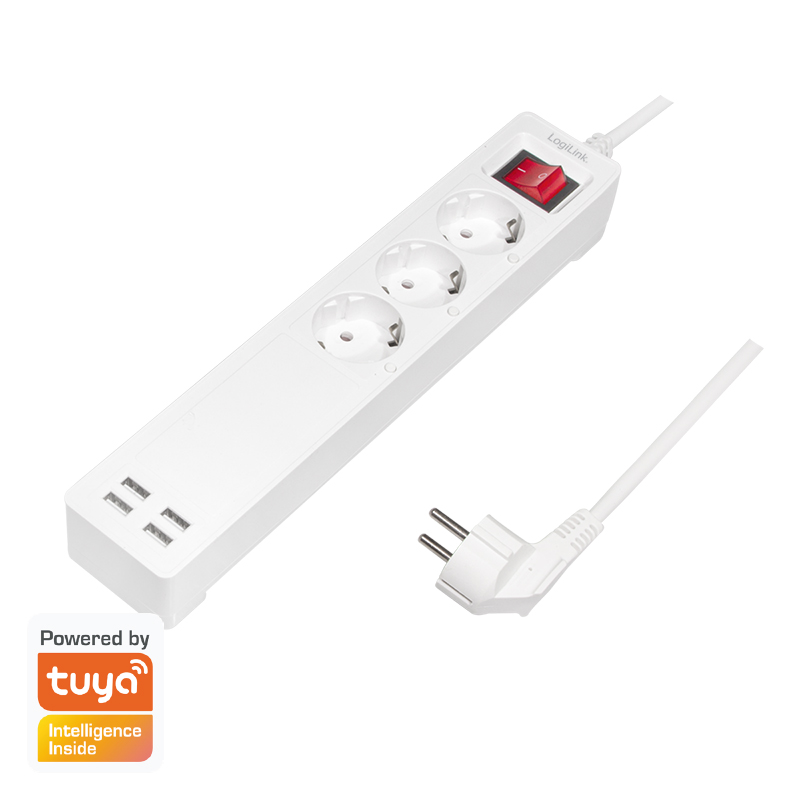 Prelungitor inteligent LogiLink SH0103, Wi-Fi, cu intrerupator, 3 prize, 4x USB-A 5 V/2.1 A (max. 10.5 W), protectie supracurent/supratensiune, IP20, compatibil TUYA, H05VV-F 3G 1.5 mm², cordon 1.7m, Alb