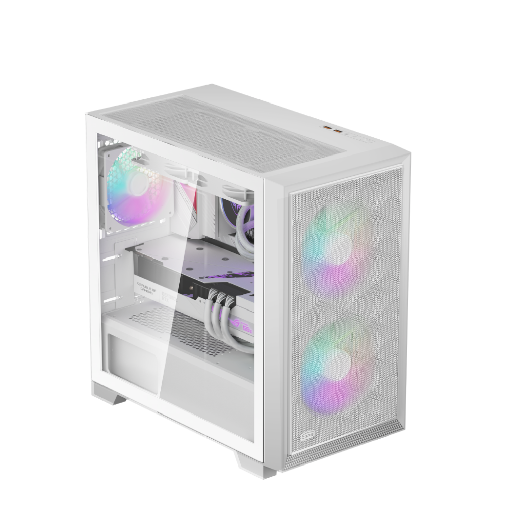 Carcasa PCCOOLER, Mini Tower, mATX, fara sursa, sticla securizata, 2 ventilatoare incluse, iluminare ARGB, alb, USB 3.2 gen 2 x 2, mic, audio