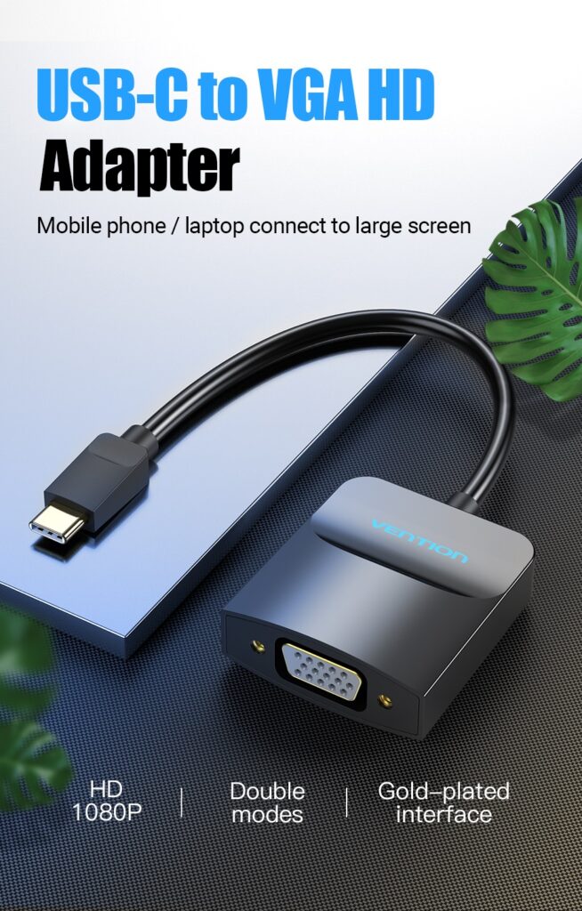 Convertor video Vention, USB Type-C(T) la VGA (M), 0.15m, rezolutie maxima 1080p la 60 Hz, conectori auriti, cupru, invelis PVC, negru
