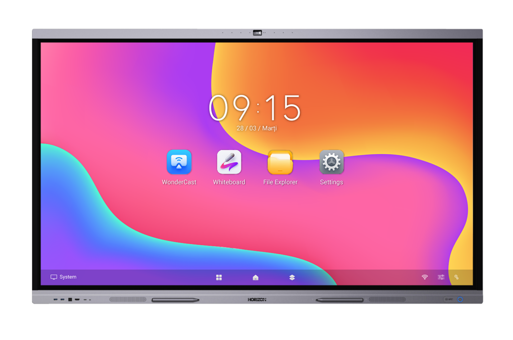 Display interactiv HORIZON Seria A3C, 75″ , 4K UHD, Android 13, 8GB RAM, stocare 128GB, 45 puncte touch, camera 8MP, microfon 8 zone
