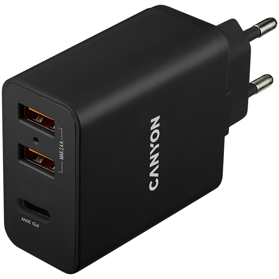 Incarcator retea Canyon H-08, 2 porturi USB 2.4A Smart Charge, 1 port PD Quick charge 20W, Negru