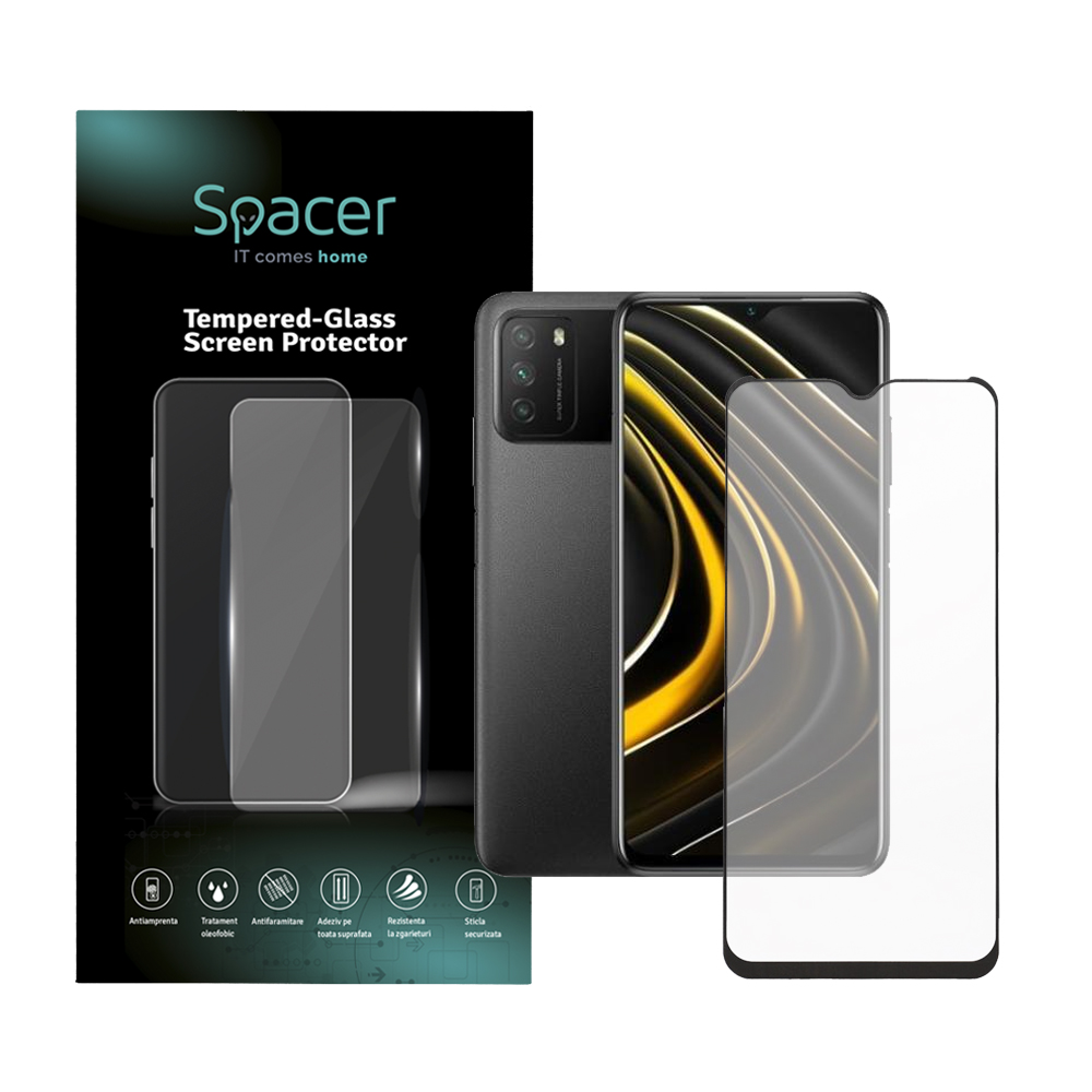 Folie de protectie Spacer pentru Xiaomi Pocophone M3, sticla 9D, duritate 9H, Tempered Glass