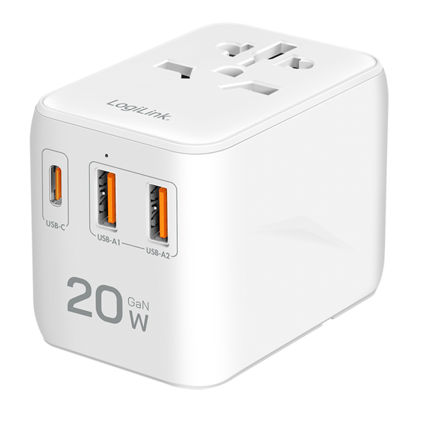 Alimentator retea 220V LOGILINK, universal, 1 x USB-C, 2 x USB-A, suport OCP/OVP/OHP/SCP, compatibil EU/AUS/US/UK, alb