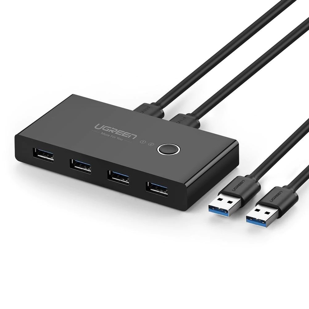 HUB extern Ugreen, „US216” porturi USB: USB 3.0 x 4, conectare prin 2 x USB, partajare date 2 pc-uri simultan,buton comutare PC,lungime 1.5 m,LED, negru „30768” (timbru verde 0.8 lei) – 6957303837687
