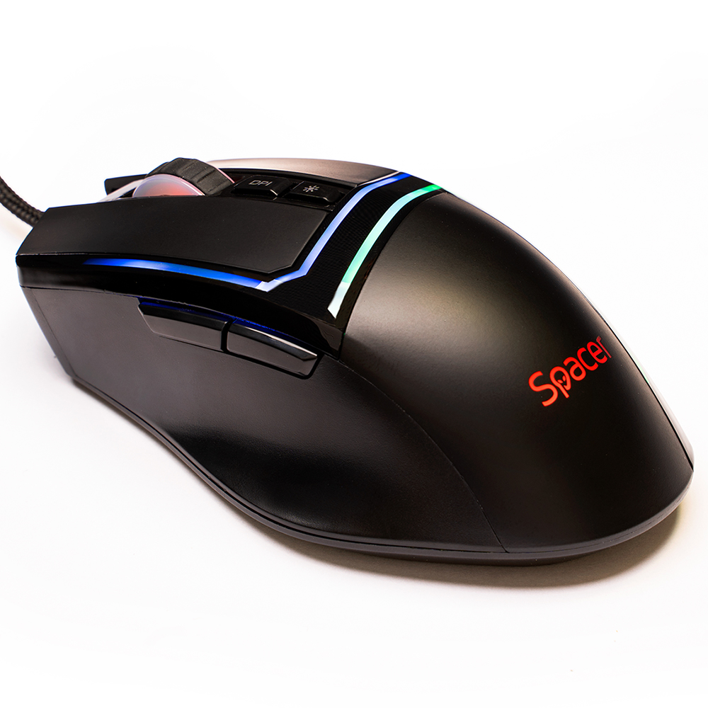 Mouse Alien Pro, Spacer, gaming, cu fir, USB, optic, rezolutie ajustabila 12.000 dpi, butoane/scroll 7/1, iluminare RGB, negru