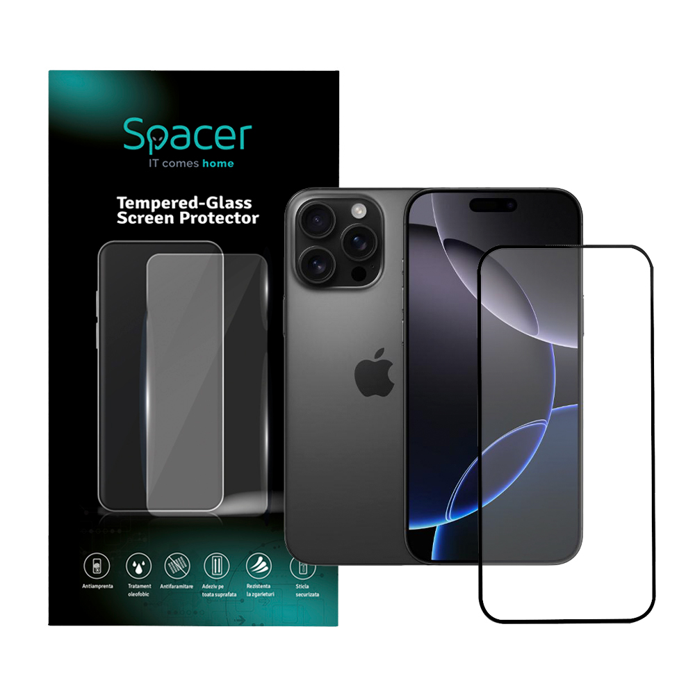 Folie sticla Spacer pentru Iphone 16 Pro Max, grosime 0.3mm, acoperire totala ecran, strat special anti-ulei si anti-amprenta, Tempered Glass, sticla 9D, duritate 9H