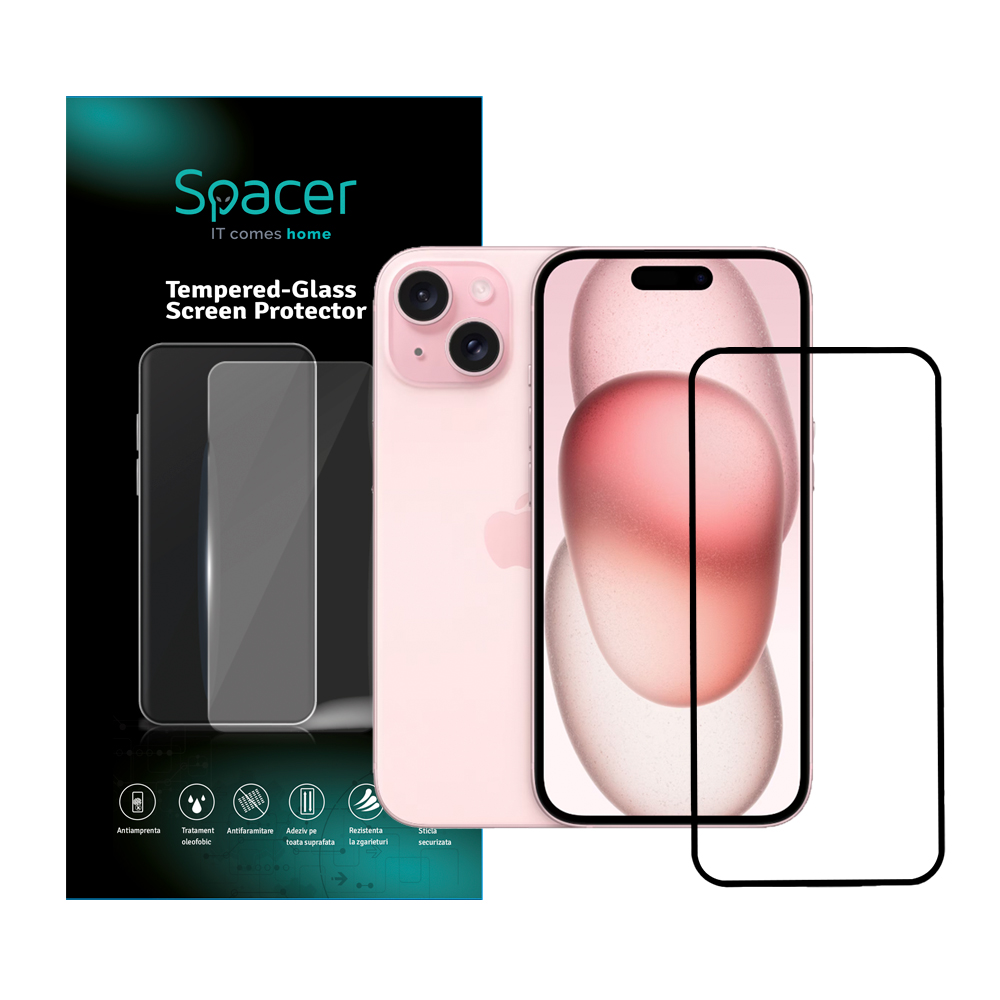 Folie sticla Spacer pentru Iphone 15 Plus, grosime 0.3mm, acoperire totala ecran, strat special anti-ulei si anti-amprenta, Tempered Glass, sticla 9D, duritate 9H