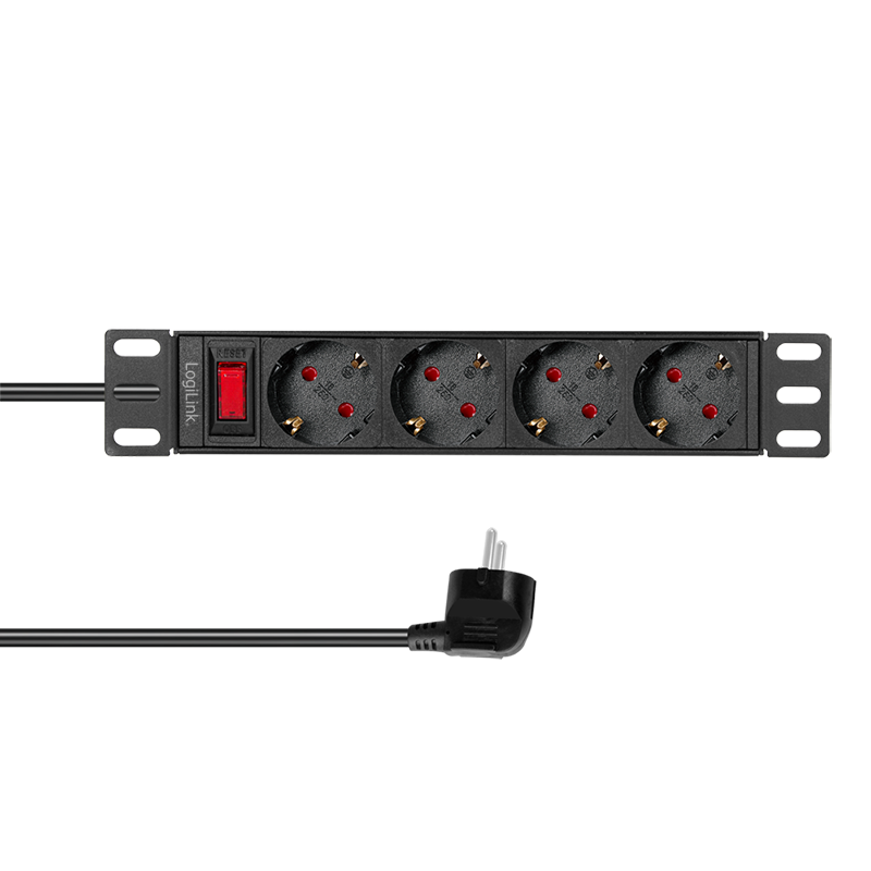 Prelungitor PDU LOGILINK 1U pentru rack 10 inch, 4 prize Schuko, intrare Schuko, max 16 A, ON/OFF, IP20, 2 m, negru