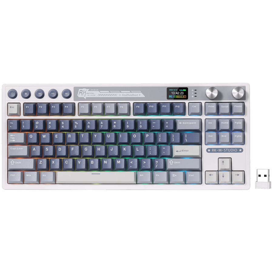 Tastatura Gaming Royal Kludge RK-M87, Beige Switch, iluminare RGB, Wired, Wireless 2.4Ghz, Bluetooth Albastru/Gri