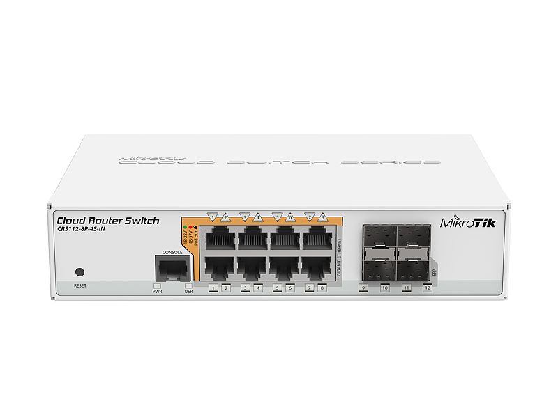Switch Mikrotik, Cloud Router CRS112-8P-4S-IN, 8x porturi RJ45 POE/POE+, 4x porturi SFP gigabit, RouterOS L5 sau SwitchOS