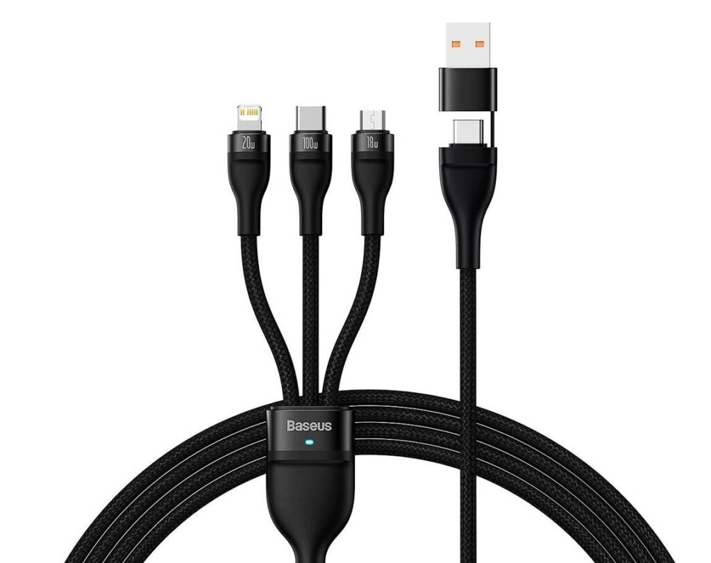 Cablu, Baseus Flash Series 2, cablu USB 3 in 1, USB-C / Micro USB / Lightning, 100 W, 1.2 m, negru